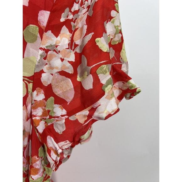 J. Jill Papaya Floral Ruffle Wrap Dress Size Medium Short Flutter Sleeves Lined - Picture 9 of 16